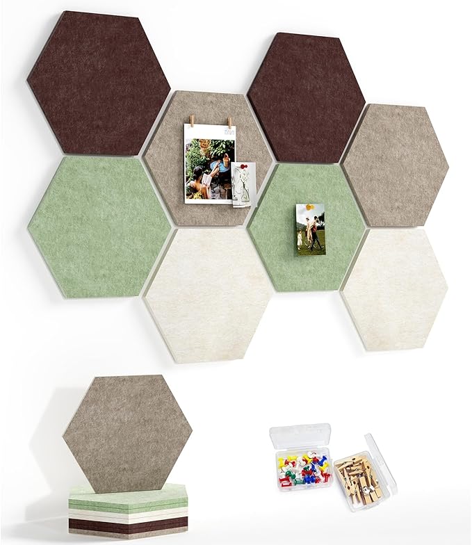 8 Pack Hexagon Felt Bulletin Board Tiles - 11.8" Large Thick Pin Board for Walls with 30 Push Pins, DIY Boards for Office Home School Decor, Aesthetic Hex Cork Board Alternative
