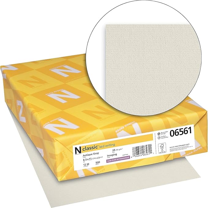 Neenah Paper Classic 8 1/2-inch x 11-inch 24 lbs. Laid Writing Imaging Paper, Antique Gray, 500/Ream (06561)