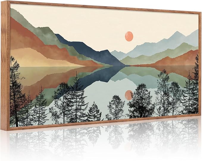 CHDITB Mountain Sun Forest Framed Art Prints(40"x20"), Boho Watercolor Nature Landscape Canvas Artwork Painting, Abstract Foggy National Park Scenery Poster Decor for Living Room Bedroom