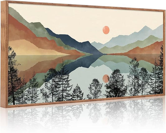 CHDITB Mountain Sun Forest Framed Art Prints(40"x20"), Boho Watercolor Nature Landscape Canvas Artwork Painting, Abstract Foggy National Park Scenery Poster Decor for Living Room Bedroom