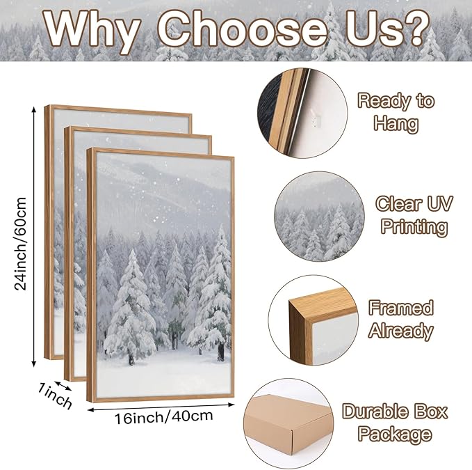 CHDITB Snowy Christmas Pine Trees Framed Canvas Wall Art(16"x24"), 3 Panels Winter Forest Landscape Artwork Prints, Large Neutral Abstract Nature Evergreen Snow Scene Xmas Gift Decor for Home Office Bedroom