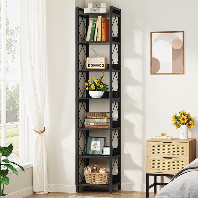 Tribesigns 78.7 Inch Extra Tall Narrow Bookshelf Set of 2, 7 Tier Skinny Bookcase for Small Spaces, Freestanding Display Shelves, Multifunctional Corner Storage Organizer for Home Office, Black