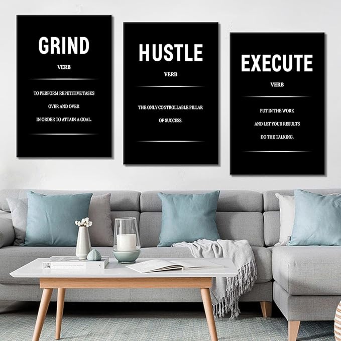 3 Piece Hustle Grind Execute Motivational Canvas Wall Art Inspirational Poster Office Wall Decor Picture Print Positive Quotes for Living Room School Artwork Stretched and Framed [72''Wx 36''H]