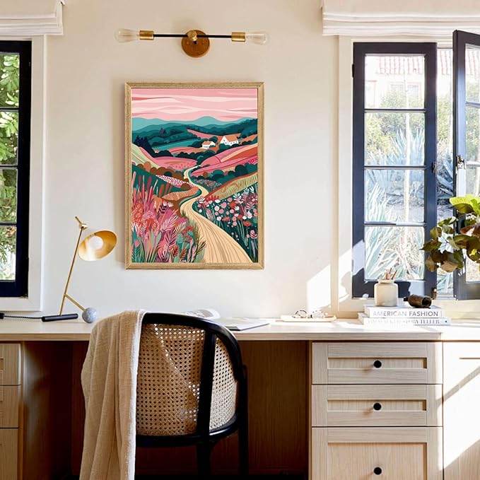 Hianan Colorful Boho Landscape Wall Art, Nature Watercolor Floral Wall Decor, Bright Mountain Water Canvas Painting, Modern Sunsets Landscape Poster Print For Living Room Bedroom Wood Framed 12"x16"x3