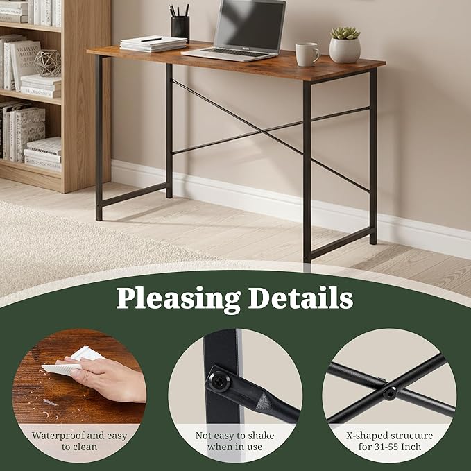 Computer Desk 44 Inch, Home Office Desk Simple Study Writing Table, Sturdy Metal Frame, Scratch-Resistant MDF Desktop for Bedroom Dorm Workspace Small Space, Brown
