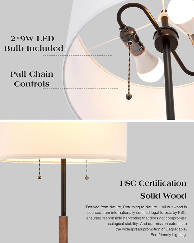 BTP Modern Floor Lamp for Living Room, 2-Light Wood Standing Lamp with Dual Switch, Tall Reading Standing Light for Bedroom Office Dining Room Farmhouse, 3 Color Temperatures 9W Bulbs*2 Included