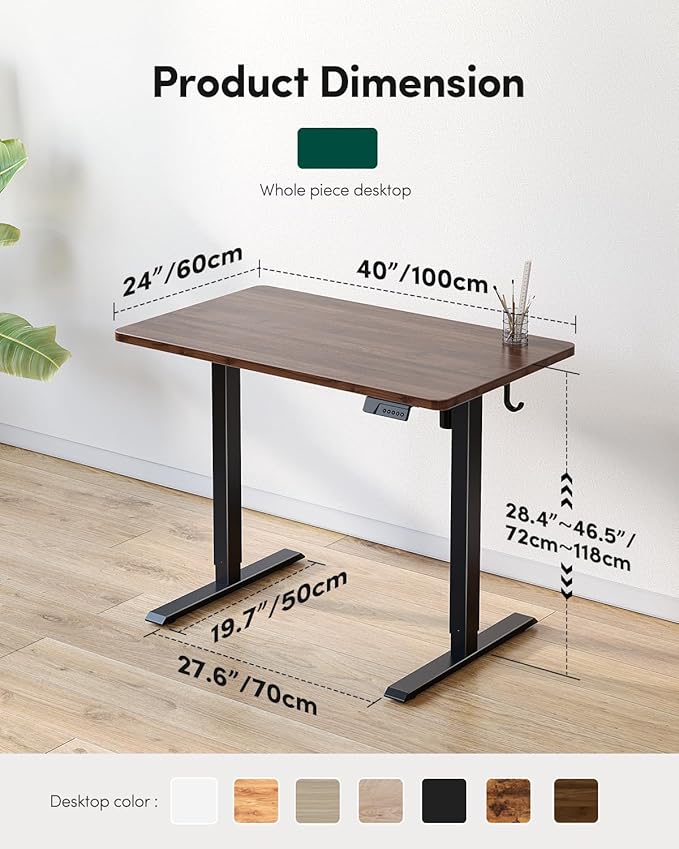 CubiCubi 40 x 24 Small One-Piece Standing Desk, Adjustable Height Electric Computer Home Office Sit Stand up Workstation, with 4 Memory Presets, Headphone Hook, Black Walnut