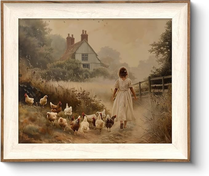 ASTRDECOR Framed Vintage Wall Art, Farmhouse Decor Girl Chicken Farm Canvas Painting Farmhouse Wall Decor, Vintage Rustic Artwork for Wall, Country Wall Decor for Kitchen Bedroom Living Room-10''x 12''