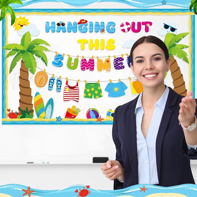 Pajean Summer Bulletin Board Set Summer Classroom Decoration Paper Cutout for Back to School Class Window Wall Home Party Decor(Hanging Out)