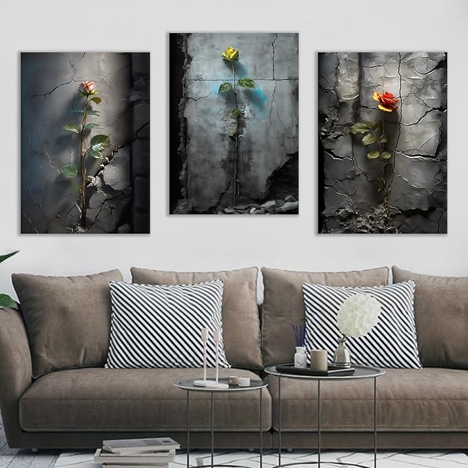 Floral Poster Wall Art Home Decor 3 Pieces Roses Growing in The Cracked Retro Wall Picture Print on Canvas Vintage Theme Painting Artwork for Living Room Office Gallery Ready to Hang [60''W x 28''H]
