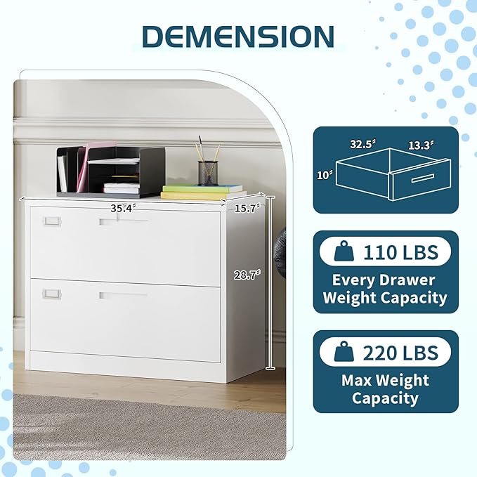 MIIIKO 2 Drawer Lateral File Cabinet with Lock, White Filing Cabinet for Home Office, Two Drawer Metal File Cabinet for Hanging Files Folders Letter/Legal/F4/A4 Size