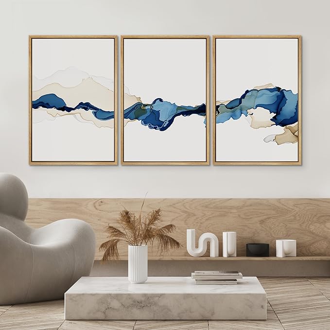 SIGNWIN 3 Piece Framed Canvas Wall Art Blue and Brown Watercolor Nature Wilderness Illustrations Abstract Traditional Relax/Calm Home Artwork Decoration for Living Room,Bedroom - 24"x36"x3 Natural