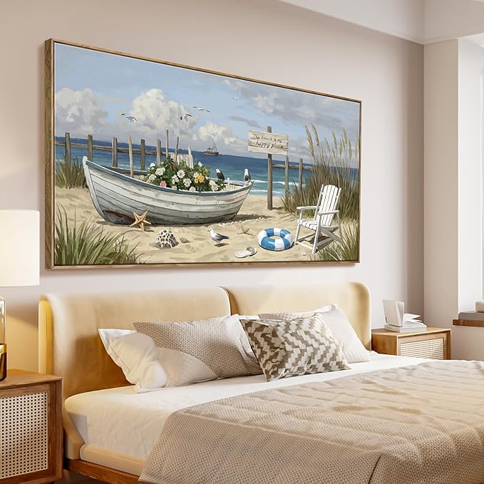 amatop Coastal Farmhouse Wall Art – Large Framed Modern Beach & Ocean Landscape Canvas Print, Nautical Elements for Living Room, Bedroom & Office Decor (58×29 Inch)