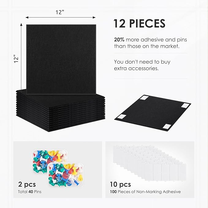 Large Cork Board for Walls 48"x36" |Cork Board Alternative| 12 Pack Felt Wall Tiles| Black Bulletin Board with Removable Adhesive | Cork Boards Pinboard for Office Home Classroom,Black