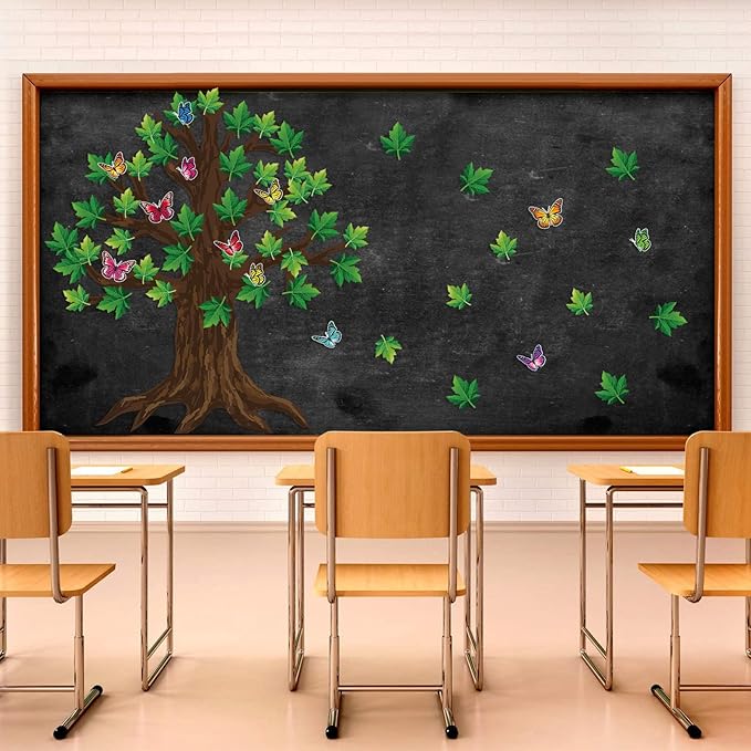 60 Pieces 70 x 55 Inch Classroom Big Tree Bulletin Board Set with Leaves and Butterflies, Woodland Whimsy Decor with 180 Pieces Removable Glue Point Dots for School Decoration (Light Green Leaves)