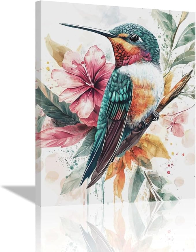 Watercolor Hummingbird Wall Art Country Flower Bird Pictures Wall Decor Colorful Canvas Painting Modern Home Artwork Decorations for Bathroom Bedroom Living Room Office Framed 12"x16"