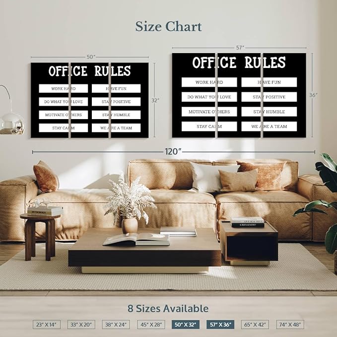 Elephant Stock - Office Rules Wall Art - Horizontal Multi Panel Canvas - 3 Piece Home Office Wall Decor - Digital Art Motivational Typography Multi Piece Wall Art - Black And White Decor by Cad Designs - 50" x 32"
