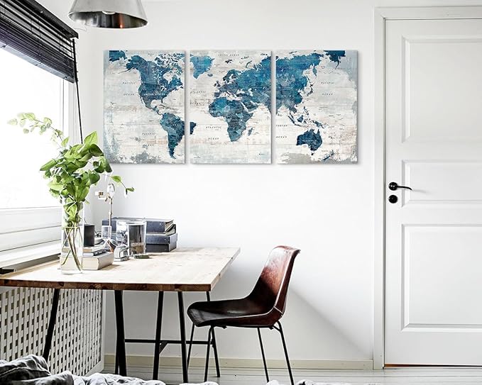 GIFTTWART World Map Office Wall Art Canvas for Living Room Wall Pictures Blue Large Artwork Modern Bedroom Kitchen Dining Room Home Decor