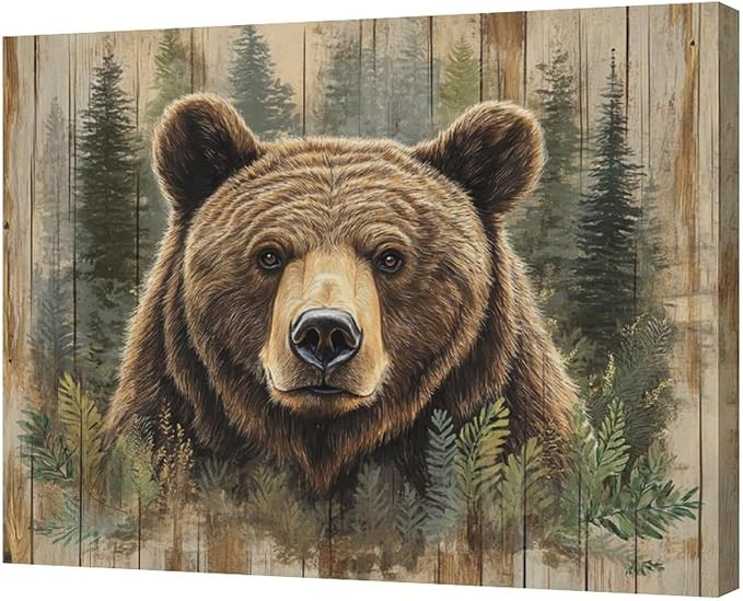 Farmhouse Bear Wall Art Rustic Forest Pictures Decor Woodland Wildlife Painting Canvas Print Modern Home Decoration Artwork for Living Room Bathroom Bedroom Office Framed 24"x20"