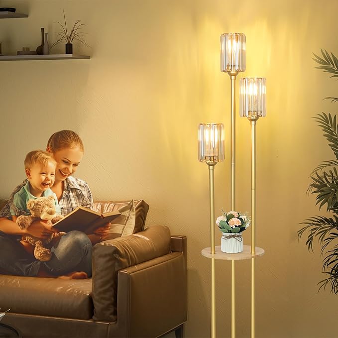 HMVPL Gold Standing Lamp with Shelf, Vintage Floor Lamp for Living Room, Retro Floor Lamp with Table, Mid Century Tall Lamp with Amber Crystal Shade, On/Off Switch, Brass Boho Corner Lamp for Bedroom