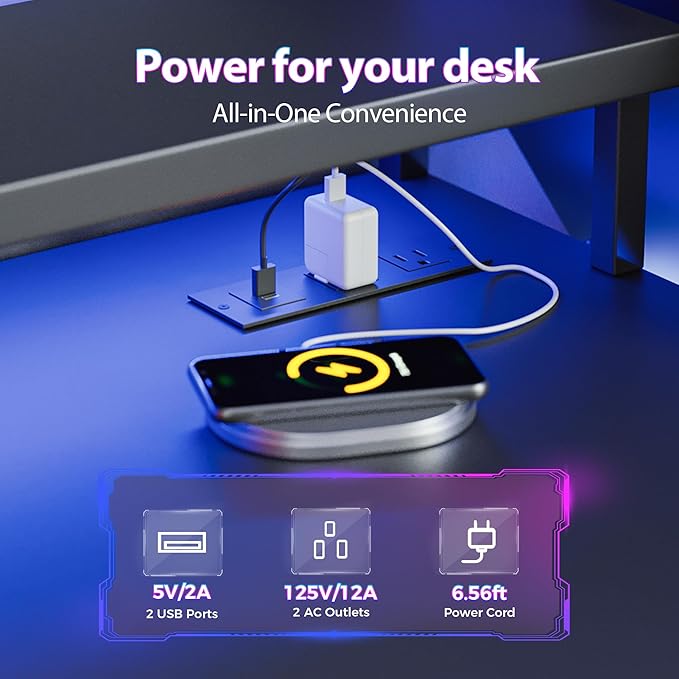 Mericonia Gaming Desk with Power Outlets & LED Lights, Reversible Computer Desk with PC Case Stand, Fabric Drawers, Modern Office Desk with Shelves, Monitor Stand