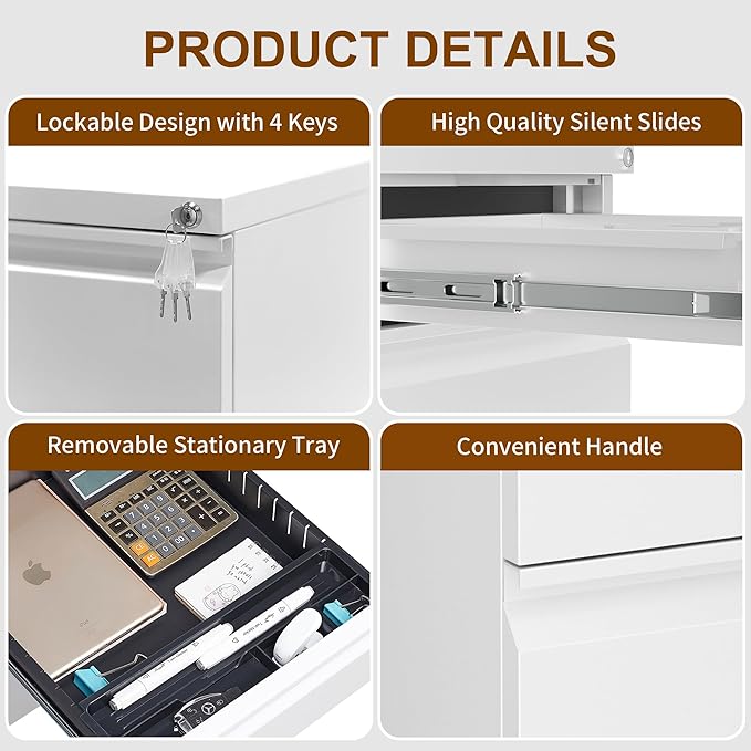2 Drawers File Cabinet, Metal Filing Cabinet with Lock, Mobile File Cabinet, Fully Assembled Except Casters, for Home Office, for A4, Letter, Legal File Folders, White