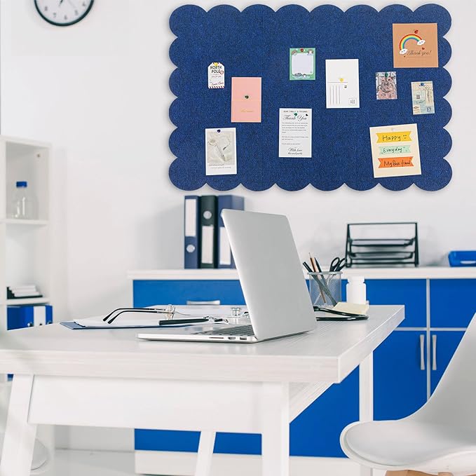 Scalloped Felt Bulletin Board 48 x 36 Inches Foldable Dark Blue Pin Cork Board Alternative for Wall, 4' x 3' Trifold Picture Vision Self Adhesive Bulletin Decorative