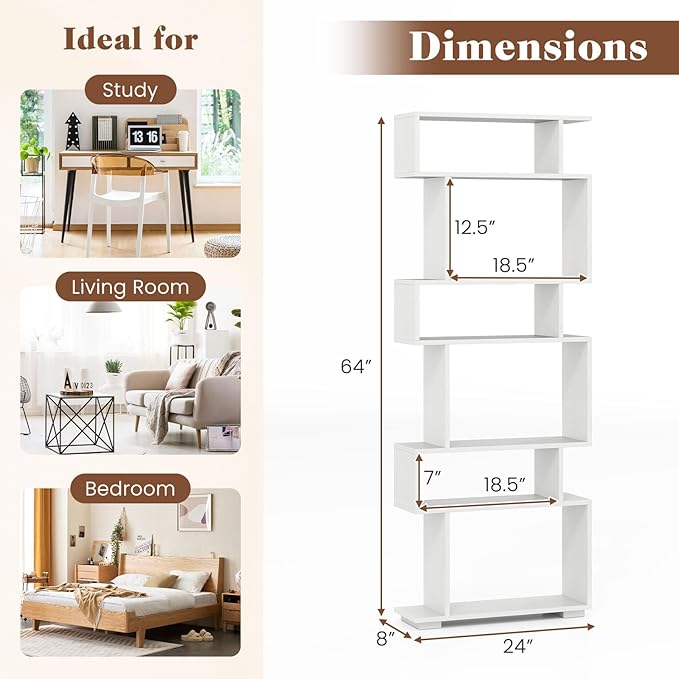 Giantex 6-Tier Geometric Bookshelves Set of 2, S-Shaped Bookcase with 2 Anti-Tipping Kits, Wooden Display Shelf, Decorative Storage Shelving Unit, Home Storage Organizer for Office Living Room, White