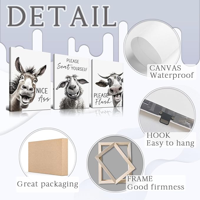 YOUHONG Funny Bathroom Wall Art Farmhouse Decor Cow Pictures with Wooden Frame - Waterproof Canvas Prints 16x24 Inch 3 Piece Funny Art for Bathroom Wall Decor