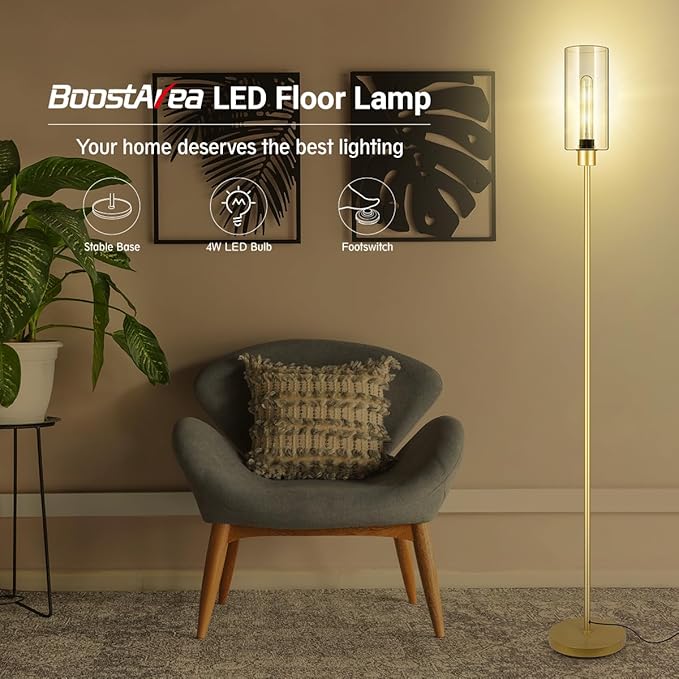 BoostArea Gold Modern Floor Lamp With Glass Lampshade - Simple Design Standing Lamp for Living Room, Bedroom, Office, Kids Room, Reading