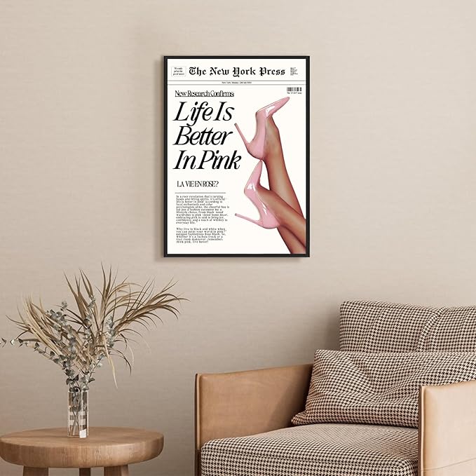 Trendy Baby Pink Hot Girl Poster Life Is Better In Pink Newspaper Wall Art Retro High Heel Picture 70s News Headline Canvas Prints Aesthetic Decor for Girly Bedroom Dorm 12x16inch Aluminum Framed