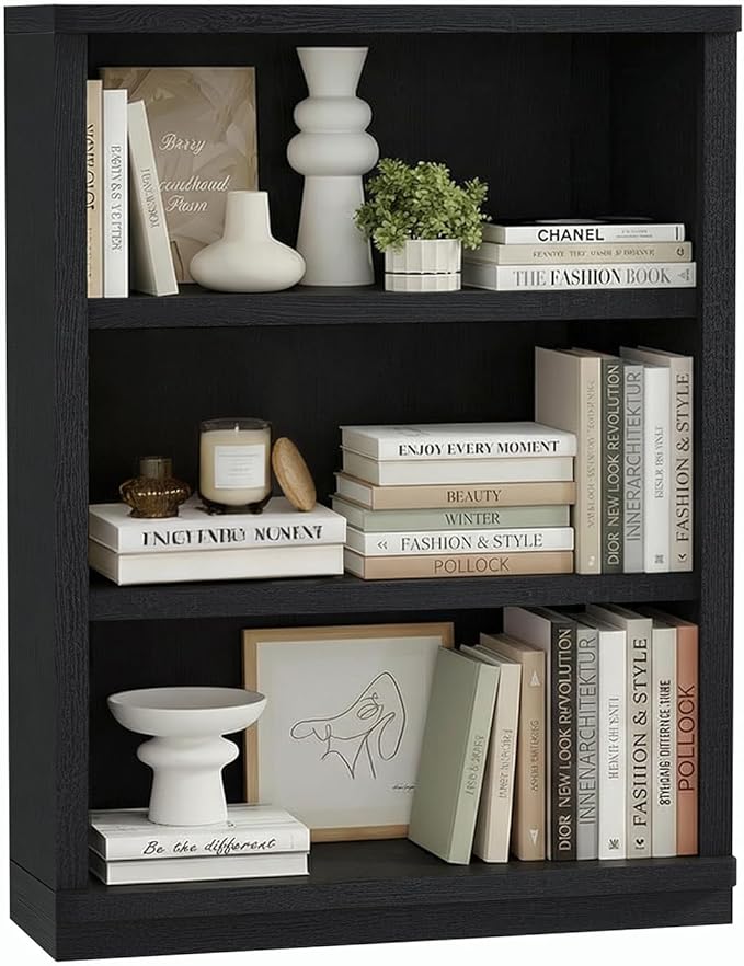 Rresyet 3 -Tier Bookcase, 42" Tall Book Shelf, 31” Wide Bookshelves, Wooden Bookcase Display Storage for Home Office, Living Room and Study Room (Black)