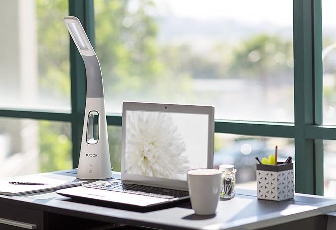 Turcom LED Desk Lamp with Fan, Cool Breeze Lamp with Bladeless Fan with Adjustable Neck, 3 Speeds and 5 Brightness Levels, White