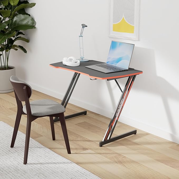 PayLessHere | 47" Gaming Table | Red | Z-Shaped Computer Desk with Steel Frame, Headphone Hook, Adjustable Feet | Carbon Fiber Texture Surface, Sweat & Waterproof | for Gaming, Home Office