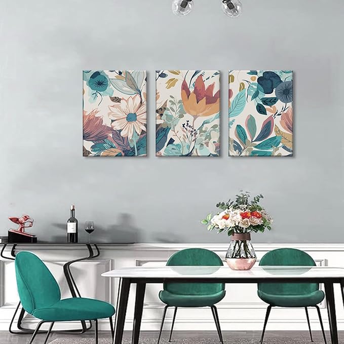 TUEASKY 3 Piece Canvas Wall Art Flower Wall Decor Botanical Pictures Floral Paintings Watercolor Prints Boho Artwork for Bedroom Bathroom Living Room