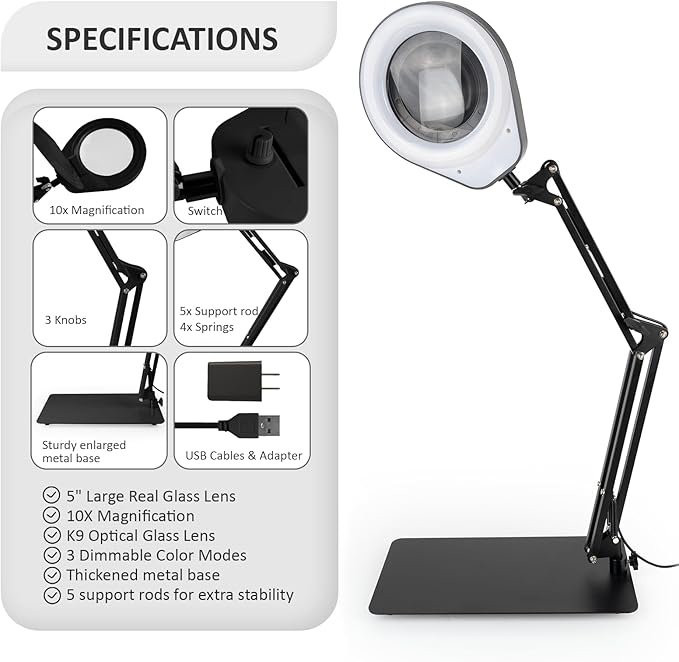 10X Magnifying Glass with Light and Stand,Dimmable Flexible Magnifying Craft Ligh, LED Lighted Magnifier Hands Free for Close Work Craft Reading Painting Hobby (Black-05)