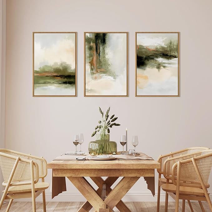 KAIRNE Green Abstract Neutral Framed Canvas Wall Art Set, Modern Watercolor Shapes Wall Decor, Minimalist Pastel Wall Painting, Brown, Gray Tan for Living Room, Bedroom, Office 16x24 Inch