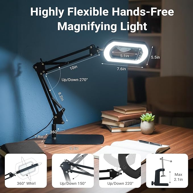 LIWEGHT 15x Square Magnifying Glass with Light and Stand, 5 Color Stepless Dimmable 2-in-1 Magnifier Desk Lamp & Clamp, Hands-Free Magnifying Glass for Reading Craft Work (Timer Function)