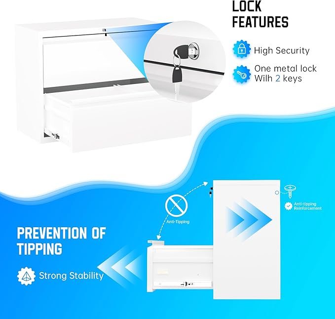 Greenvelly 2 Drawer File Cabinet, Metal Filing Cabinet with Lock, Locking File Cabinet for Home Office, Lateral File Cabinet for Letter/Legal/F4/A4 Size Hanging Files, Easy Assembly, White ﻿