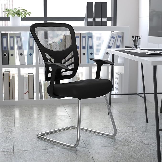 Flash Furniture Steve Black Mesh Side Reception Chair with Chrome Sled Base