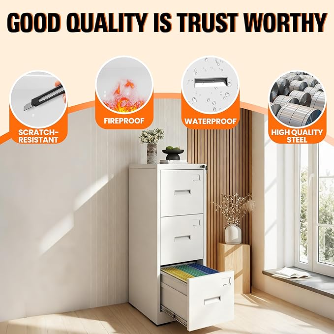 3 Drawer File Cabinet with Lock, Metal Filing Cabinet for Home Office, Vertical File Cabinet for Letter/Legal/A4/F4 Documents, Easy to Assemble Steel Storage Cabinet