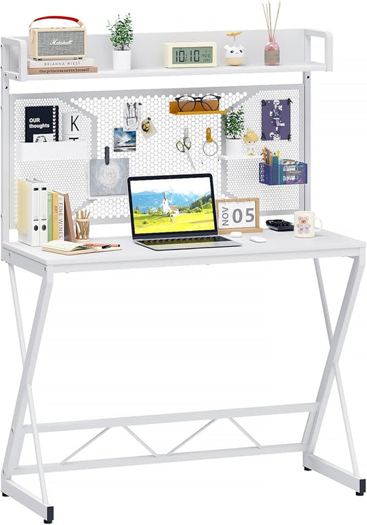 Elephance Small Gaming Desk with Pegboard, 39 Inch Computer Desk with Storage Shelves, Modern Office Desk for Study Work Home Office, Small Spaces, White