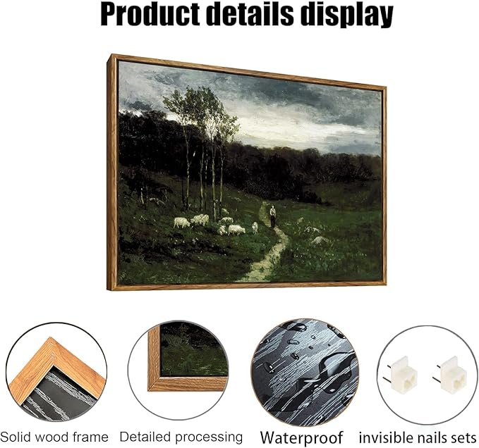 OIQArtOIQ Framed Vintage Landscape Wall Art Shepherd Natural Scenery Oil Painting Canvas Prints Country Farmhouse Aesthetic Fall Decor Pictures for Kitchen Bedroom Living Room Bathroom