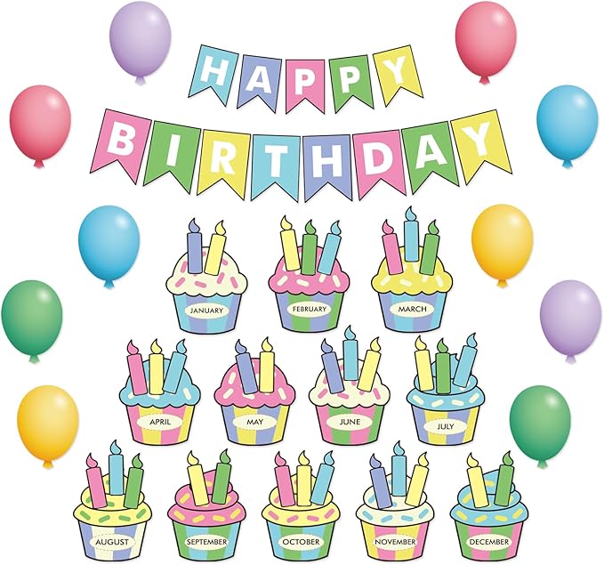 JarThenaAMCS 85Pcs Happy Birthday Bulletin Board Set Colorful Cake Balloon Candles Calendar Poster Classroom Birthday Chart for Back to School Decorations