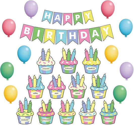 JarThenaAMCS 85Pcs Happy Birthday Bulletin Board Set Colorful Cake Balloon Candles Calendar Poster Classroom Birthday Chart for Back to School Decorations