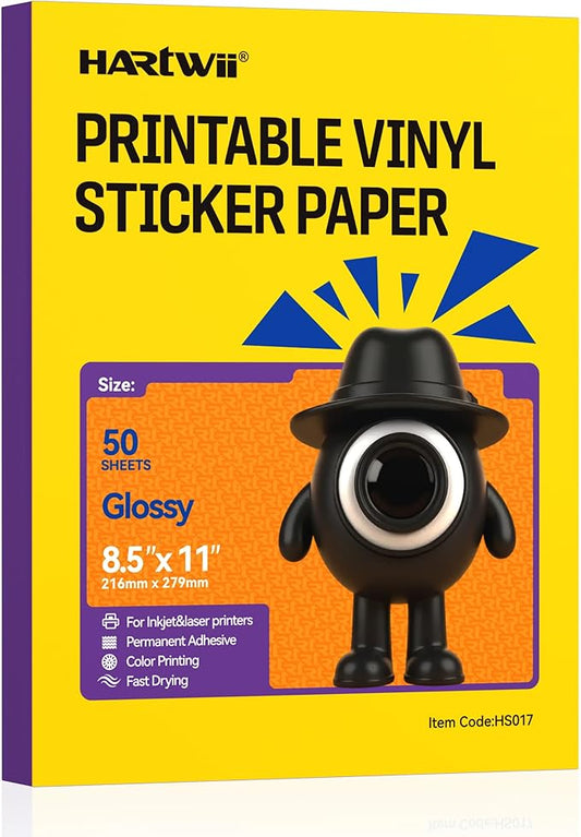 Printable Vinyl Sticker Paper-50 Sheets Glossy White Self-Adhesive Sticker Paper 8.5x11"Waterproof Labels, Quick-Drying Vivid Colors & Tear-Resistant Removable, for Inkjet & Laser Printers