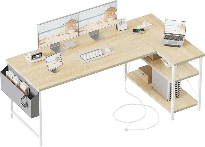 Mericonia Small L Shaped Computer Desk with Power Outlets, Reversible Gaming Desk with Storage Shelves, Corner Gamer Desk Table, Study Writing Table