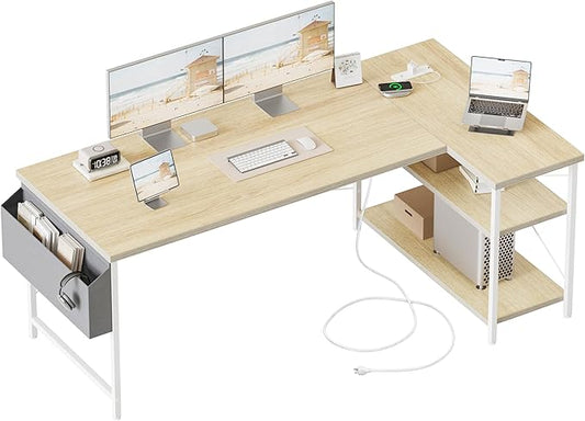 Mericonia Small L Shaped Computer Desk with Power Outlets, Reversible Gaming Desk with Storage Shelves, Corner Gamer Desk Table, Study Writing Table
