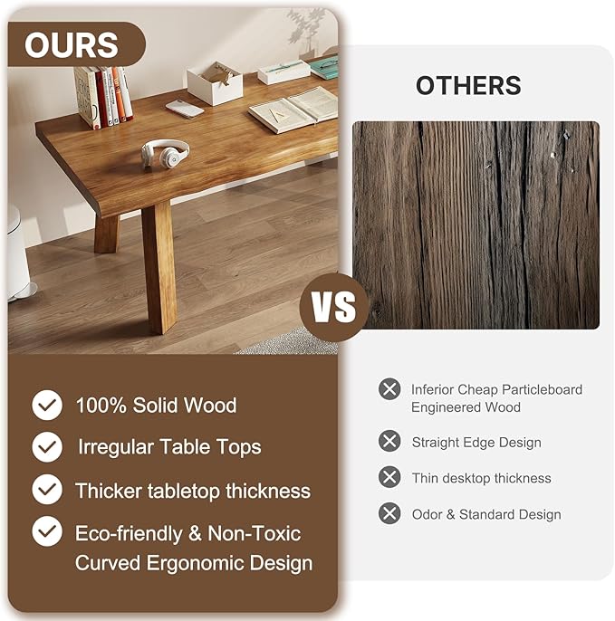 Solid Wood Desk 55 inches, Live Edge Wooden Home Office Computer Desk Modern Simple Design for Writing, Study, Dining, Gaming