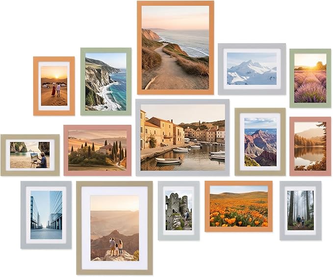 Fixwal Picture Frames Set, Gallery Wall Frame Set Picture Frames Collage 15 Pack for Wall or Tabletop with 8x10 5x7 4x6 Frames, Soft Earth Tones